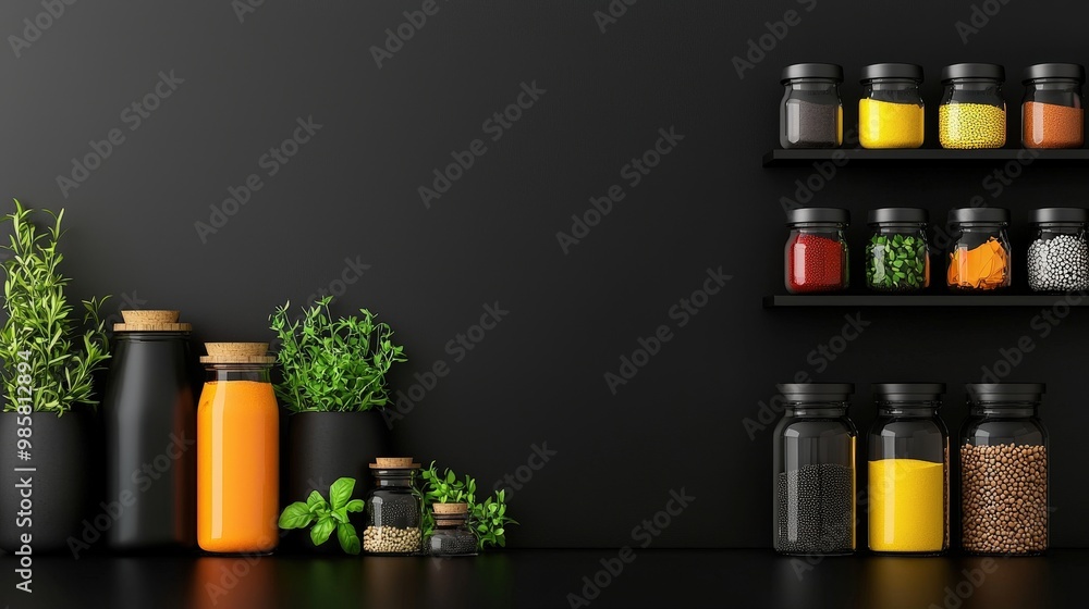 Poster a modern kitchen with an array of spices and herbs on display.