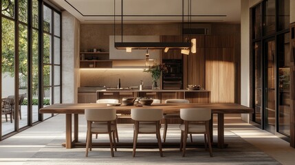 A dining room setup with a long wooden table and matching chairs, perfect for family gatherings8