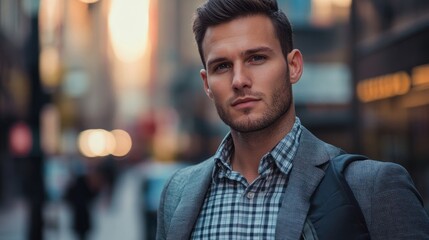Obraz premium A close-up image of a man in a business casual outfit, wearing a checked shirt with a blazer draped over his shoulder, with a vibrant urban street in the background