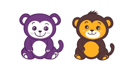 Playful Yellow Monkey and Purple Panda Logo Vector on White Background