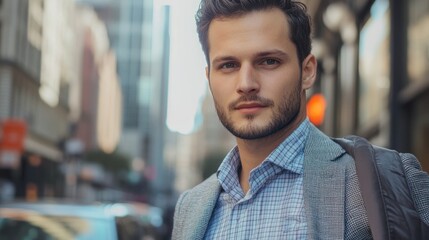 Obraz premium A close-up image of a man in a business casual outfit, wearing a checked shirt with a blazer draped over his shoulder, with a vibrant urban street in the background