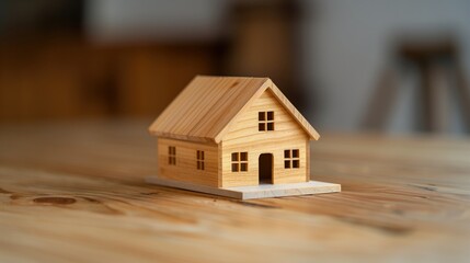 A wooden miniature house placed on a wooden table, symbolizes real estate, homes, and land ownership. Property investment and housing concepts.