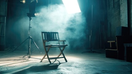 A director's chair under the spotlight in a dimly lit film set