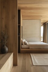 A bedroom with a wooden floor and a bed with white sheets