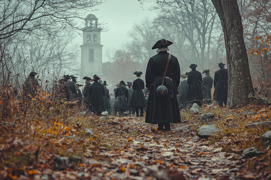 Puritans in colonial America observing All Hallows' Eve with somber prayers and tales of the dead. Concept of Halloween in early America.