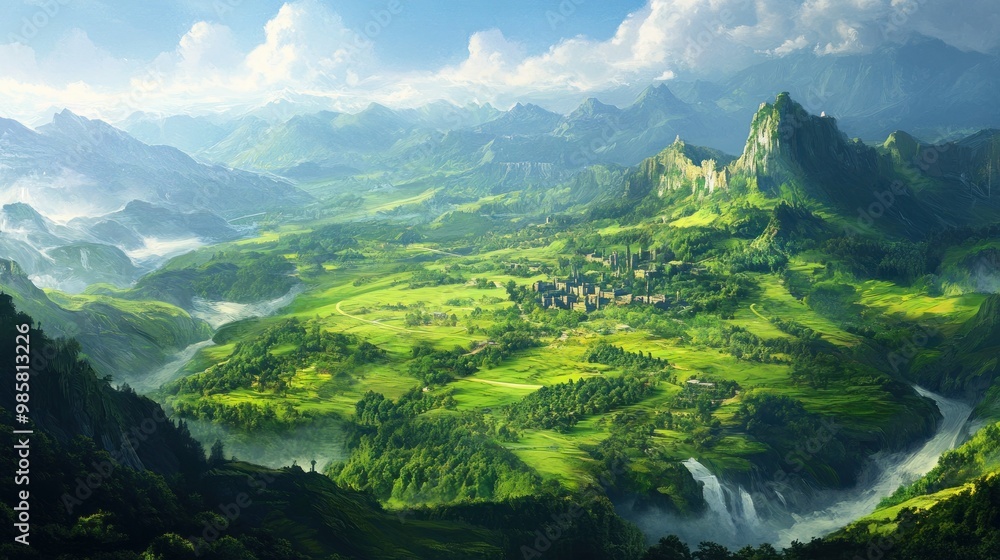 Poster Verdant Valley nestled amidst majestic mountains with a quaint village and a cascading waterfall