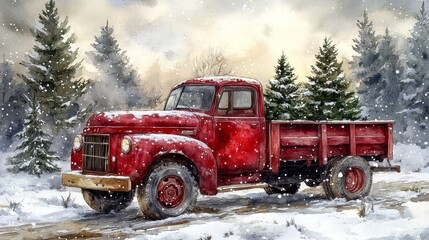 Greeting card with red Christmas truck with pine trees