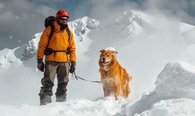 A rescuer and a golden retriever dog search for people in the snow after an avalanche in the mountains.