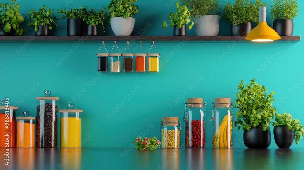 Poster a modern kitchen with an array of spices and herbs on display.