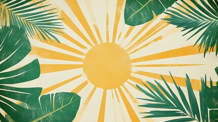Tropical Festival Poster Design Template with Sunburst Rays and Palm Leaf Patterns on a Retro-Style Background