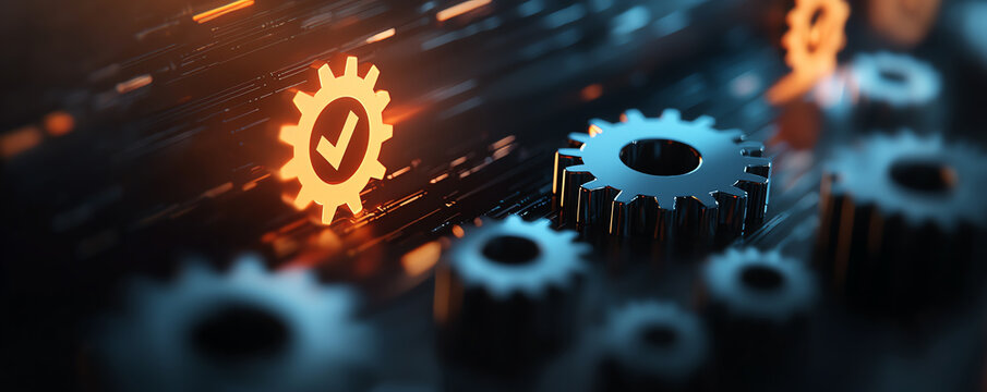 Abstract concept of digital gears turning with colorful progress bars, symbolizing efficient workflow and rapid output
