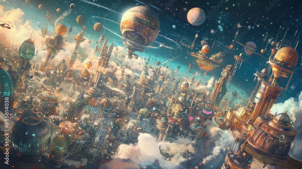 Poster A Futuristic Cityscape with Floating Structures and Celestial Bodies