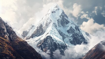 Majestic Snow-Capped Mountain Peak Rising Above Clouds