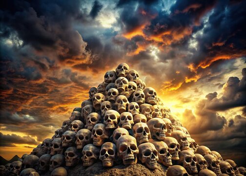 A mountain of skulls stretches under a turbulent sky, a macabre monument to the annals of time's brutal passage.