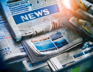 News and information dissemination featuring elements like newspapers, headlines, and broadcast screens representing journalism, media, and updates.