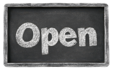 'Open' sign on a blackboard with a rustic frame and a transparent background