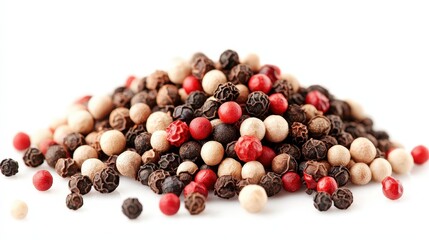 A pile of mixed peppercorns, seasoning element, photorealistic detail, bold contrast, isolated on white background