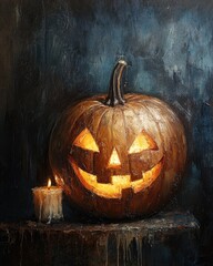 Naklejka premium Pumpkin Jack OLantern with candle light on dark background