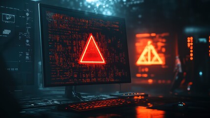 A computer screen displaying a red warning symbol with binary code and hacker icons in the background, representing the concept of cyberattacks, with a dark and ominous atmosphere