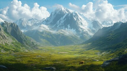 Fototapeta premium A Solitary Brown Bear Grazing in a Lush Mountain Valley