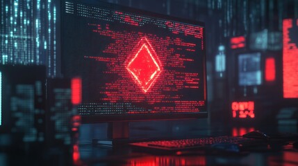 A computer screen displaying a red warning symbol with binary code and hacker icons in the background, representing the concept of cyberattacks, with a dark and ominous atmosphere