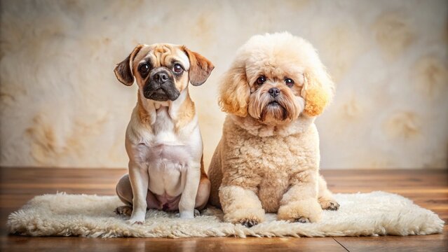 A pug and poodle cuddle on a plush rug, their bright eyes shining with delight and wagging tails a testament to their inseparable bond.