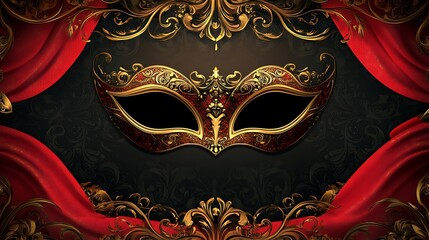 Elegant Masquerade Ball Poster Template with Red, Gold, and Black Ornate Design for Formal Events - Vector Illustration
