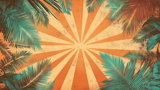 Tropical Luau Sunset Rays Poster Design Template with Palm Tree Patterns and Beach Textures for Summer Party Flyer Vector Illustration