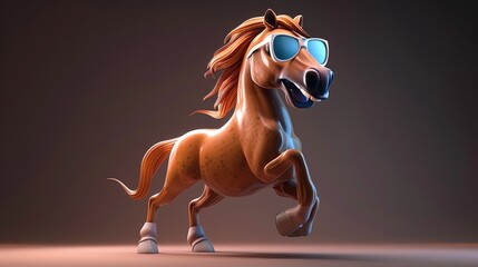 Animated cartoon of a lively energetic horse character wearing stylish sunglasses and jumping or galloping with a dynamic vibrant pose on a plain studio background