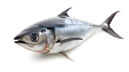 Fototapeta premium Fresh whole tuna fish with glossy silver skin isolated on white background
