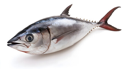 Fresh whole tuna fish with glossy silver skin isolated on white background