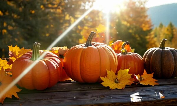 Rustic wooden table with pumpkins and autumn leaves on outdoor background