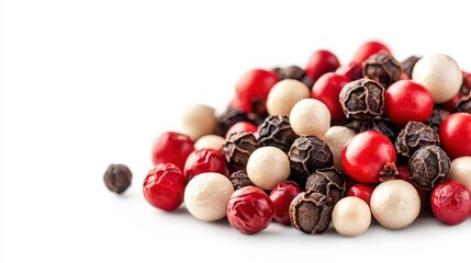 A pile of mixed peppercorns, seasoning element, photorealistic detail, bold contrast, isolated on white background
