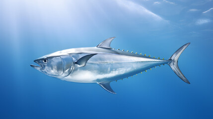 Obraz premium Fresh whole tuna fish with glossy silver skin isolated on blue background