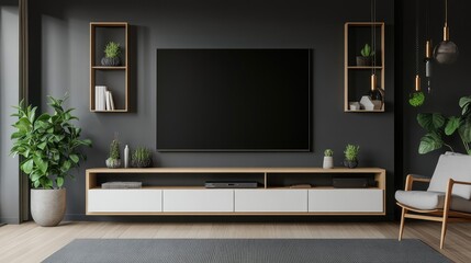 Fototapeta premium A modern entertainment unit with a large flat-screen TV, surrounded by stylish storage shelves.