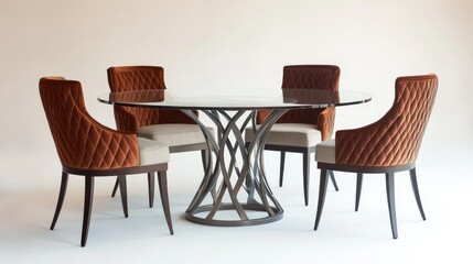 A modern glass dining table with metal legs, surrounded by four comfortable upholstered chairs