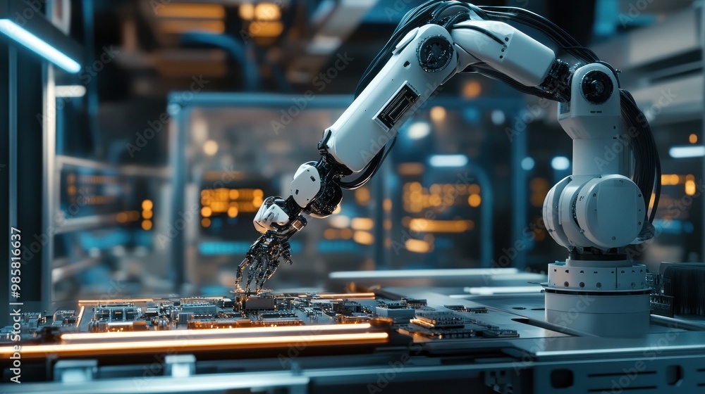 Poster a high-tech robotic arm assembling intricate electronic components in a modern factory setting showc