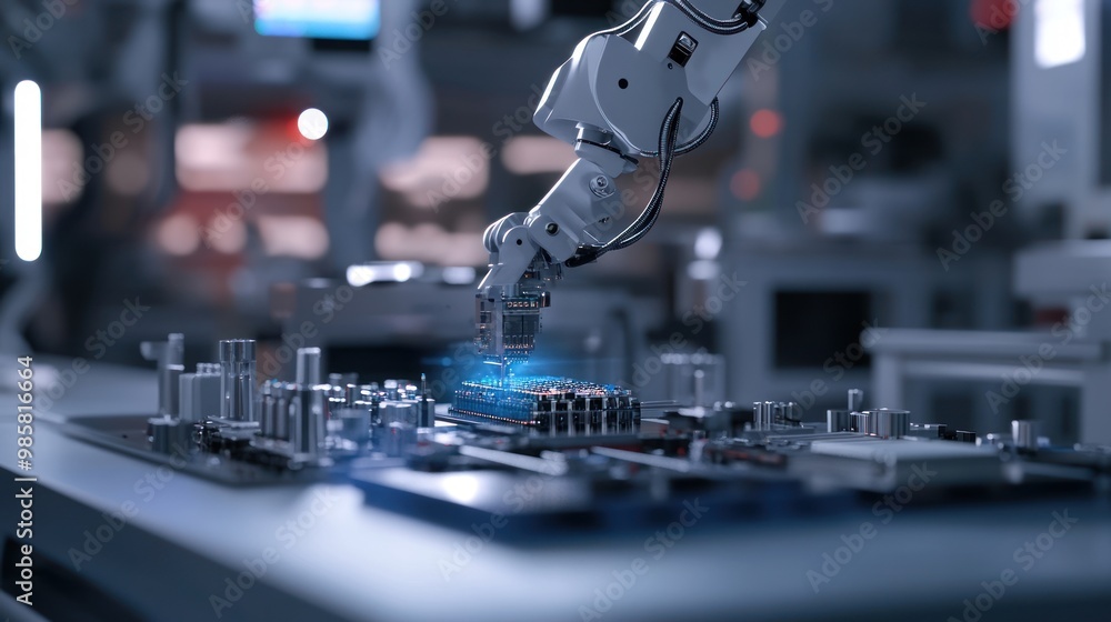 Poster a high-tech robotic arm assembling intricate electronic components in a modern factory setting showc