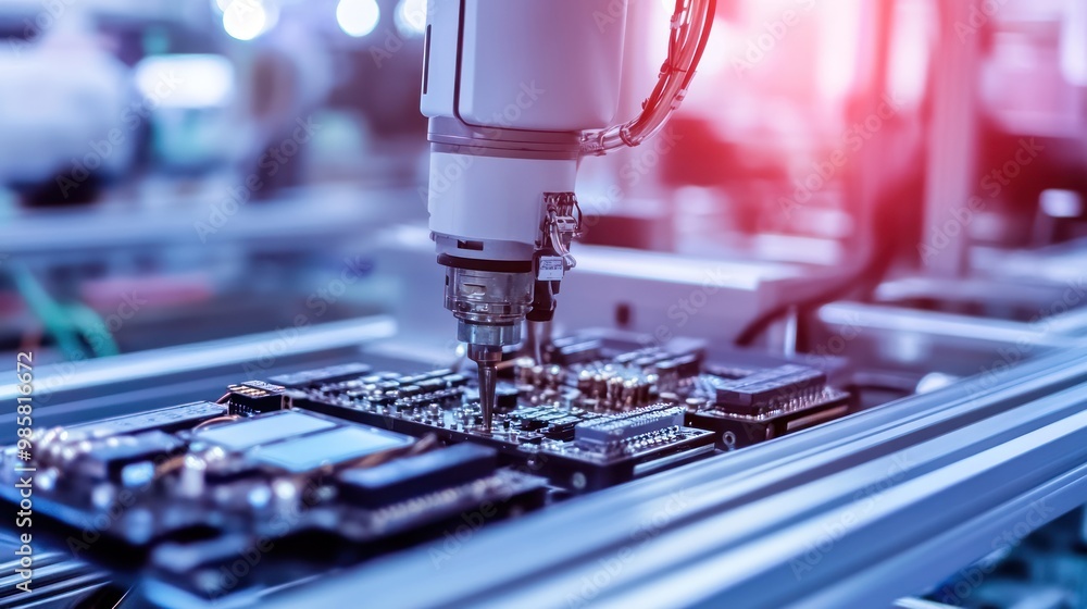 Poster a high-tech robotic arm assembling intricate electronic components in a modern factory setting showc