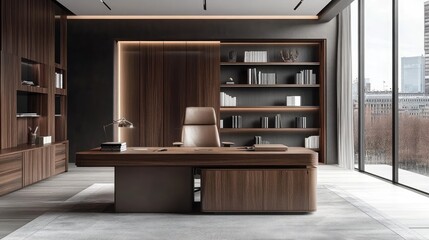 A modern office space with a large wooden desk, comfortable office chair, and stylish bookshelves.