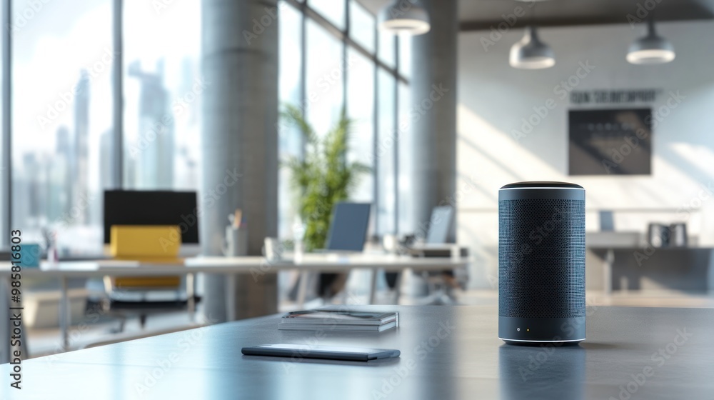Poster a modern office setting featuring a smart assistant device on a sleek desk, interacting with a user 