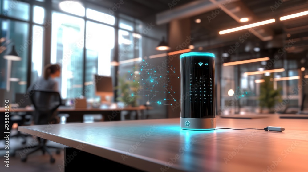 Poster a modern office setting featuring a smart assistant device on a sleek desk, interacting with a user 