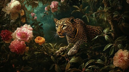 Leopard Camouflaged in Lush Foliage with Peony Blooms