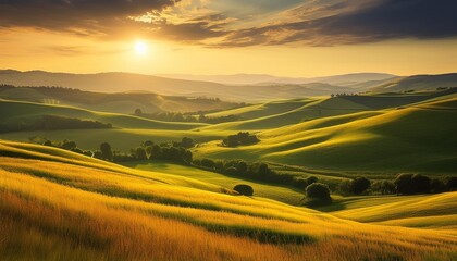 Obraz premium Golden hour over rolling hills.