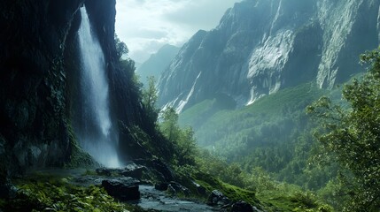 Majestic Waterfall cascading down a rugged mountainside