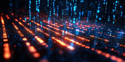 Abstract background of glowing blue and red lines of light with bokeh effect.