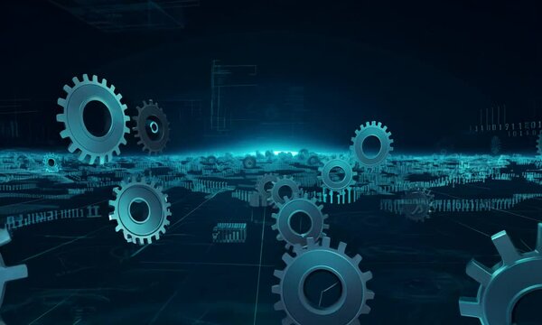 Abstract blue digital technology background with gears in a dark color palette