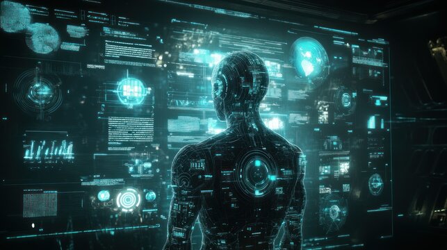 Futuristic Cyborg Silhouette with Digital Interface and Data Displays