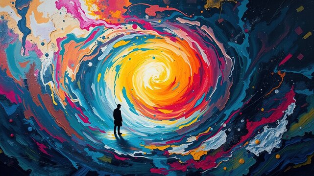 A serene oil painting depicts a solitary figure standing amidst a swirling vortex of colors, emotions, and textures, reflecting the turbulent inner landscape of mental turmoil.