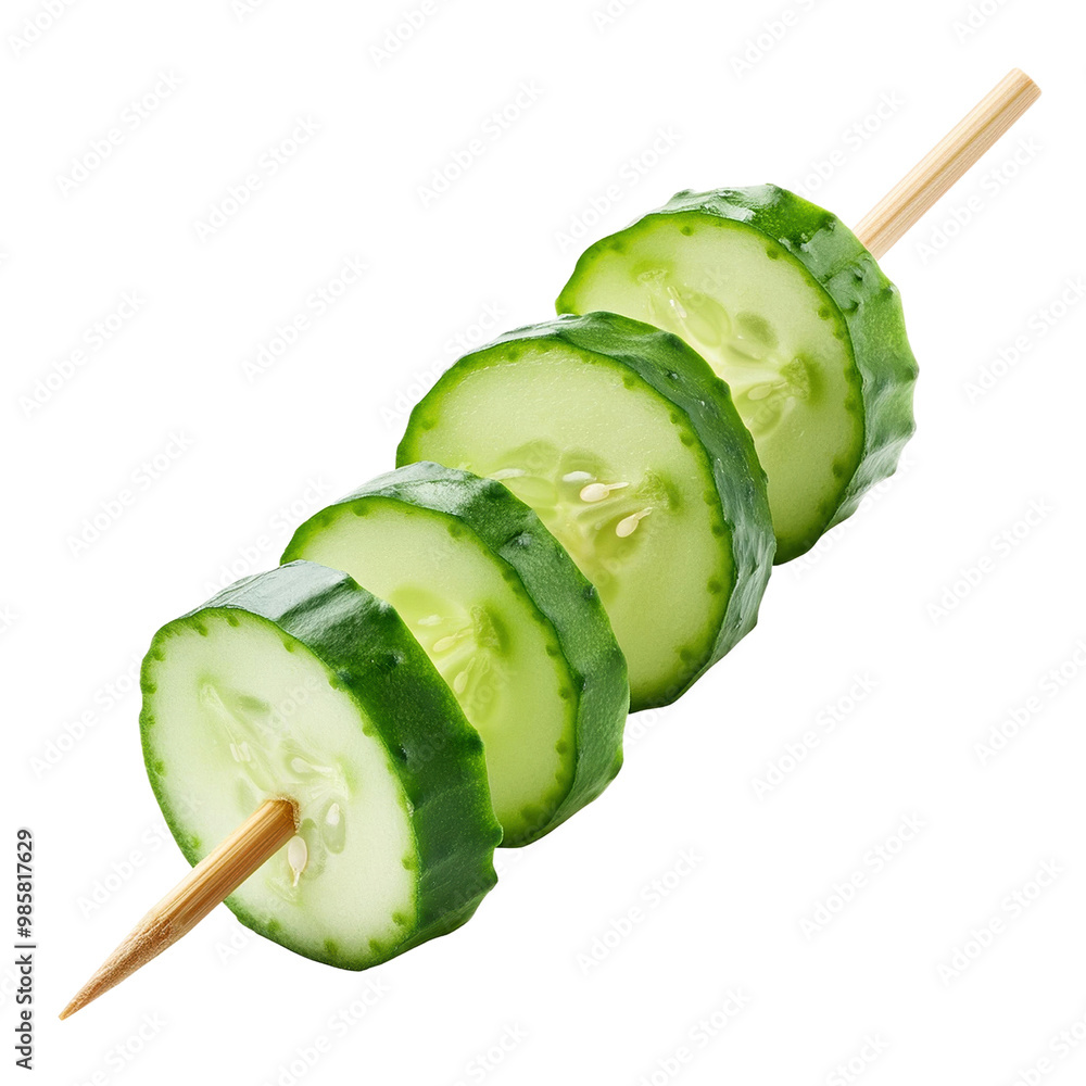 Poster fresh and vibrant cucumber skewers on a white background